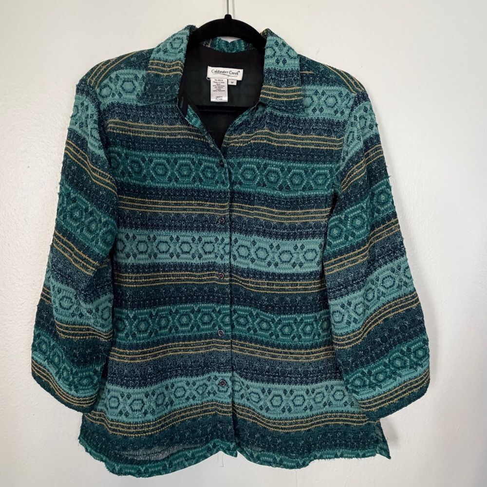 Coldwater Creek Jacket Shirt Size Medium Lightweight Button Front Green Blue
